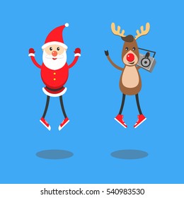 Santa Claus and Reindeer. Characters having fun, jumping listening to music, modern fashion concept.  Red classic sneakers. Retro boom box. Vector illustration hand drawn comic cartoon flat style