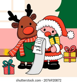 santa claus and reindeer checking list name on paper for send present box merry christmas, cartoon character, vector illustration