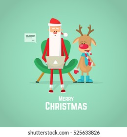 Santa Claus and reindeer checking mail on a laptop. Christmas card with Santa Claus and reindeer.