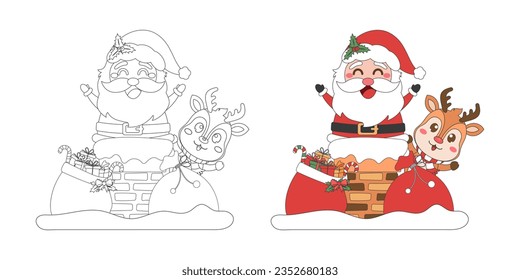 Santa Claus and reindeer at chimney on the roof, Christmas theme line art doodle cartoon illustration, Coloring book for kids, Merry Christmas.