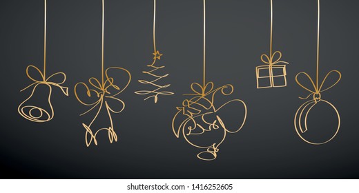 Santa Claus, reindeer, chrismas tree, bell, gift, bauble. Christmas greeting card vector