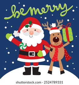 Santa Claus and Reindeer For Christmas Card or Bag design