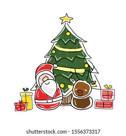 Santa Claus and Reindeer with Christmas gifts and Christmas tree. Isolated Vector. Hand drawn.