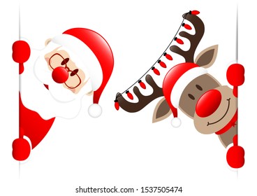 Santa Claus And Reindeer With Christmas Lights Looking Inside Banner