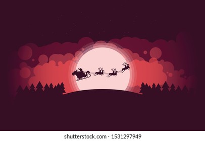 Santa claus and reindeer christmas night background design template