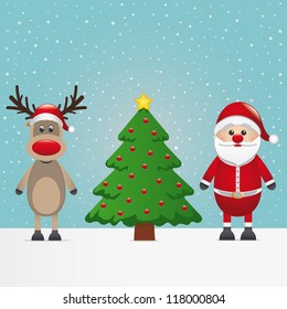 santa claus reindeer and christmas tree snowy