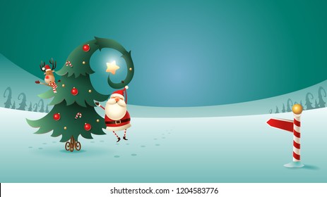 Santa Claus and Reindeer with Christmas tree on winter landscape. North pole sign