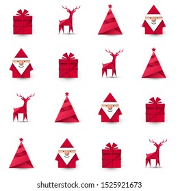 Santa Claus, reindeer, christmas tree and present origami. Seamless vector background.