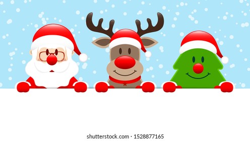 Santa Claus Reindeer And Christmas Tree Holding Banner Snow Blue