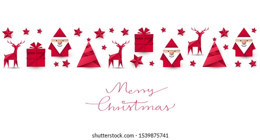 Santa Claus, reindeer, christmas tree and present origami. Greeting card vector.