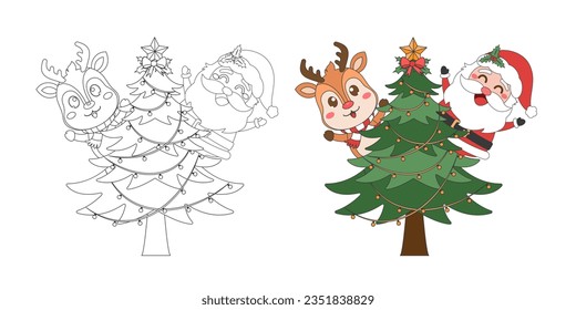 Santa Claus, Reindeer and Christmas tree, Christmas theme line art doodle cartoon illustration, Merry Christmas.