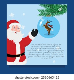Santa Claus and reindeer with Christmas tree, snowflake element decoration and ball card