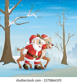 Santa claus with reindeer at christmas winter landscape