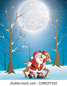 Santa claus with reindeer at christmas winter night