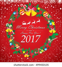 Santa Claus and reindeer with Christmas Wreath. Merry Christmas and Happy New Year on red background.