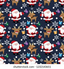 Santa Claus with reindeer, colorful gift box and snowflakes seamless pattern on dark blue background. Cute Christmas holidays cartoon character. Vector illustration.
