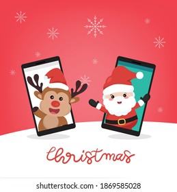 Santa claus and Reindeer coming out of the mobile phone in winter clothes with snow background.