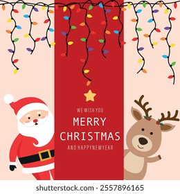 Santa Claus and reindeer congratulate on Christmas. greeting card with garland. Vector graphics