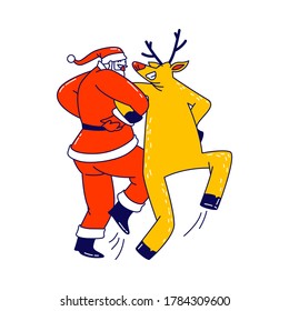 Santa Claus and Reindeer Dancing Holding Hands. Christmas Character in Red Traditional Costume Perform Funny Dance at Party or Xmas Celebration Isolated on White Background. Linear Vector Illustration