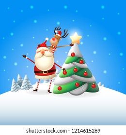 Santa Claus and reindeer decorated Christmas tree, reindeer put star on the top of tree - blue winter landscape poster