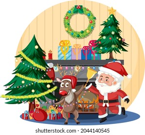 Santa Claus with reindeer in decorated room  illustration