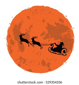 Santa Claus Reindeer Deer Christmas Illustration on Full Moon Night Background Vector Icon