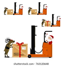 Santa Claus and reindeer are delivering Christmas gift on transparent background
