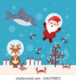 Santa Claus and reindeer delivering presents under the sea