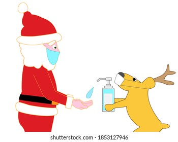 Santa Claus and reindeer are disinfecting with alcohol to prevent infection with the new corona virus.