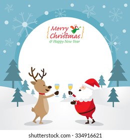 Santa Claus and Reindeer Drinking Champagne, Frame, Merry Christmas and Happy New year