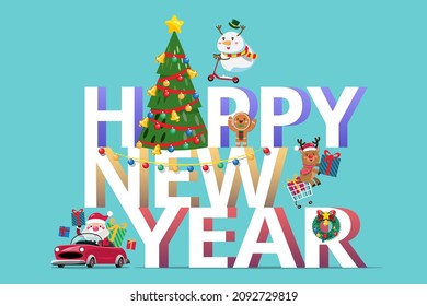 Santa Claus and reindeer drives a automobile to send Christmas gift to children around the world. Merry Christmas cutout element for Holiday cards, invitations and website celebration decoration