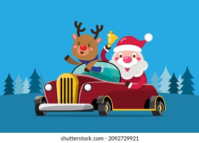Santa Claus and reindeer drives a automobile to deliver Christmas presents to children around the world. Merry Christmas cutout element for Holiday card, invitations and website celebration decoration
