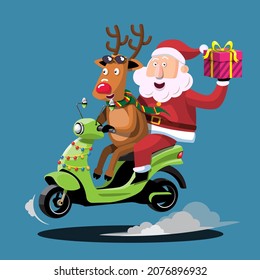 Santa Claus y los renos conducen una motocicleta para entregar regalos de Navidad a los niños de todo el mundo. Merry Christmas recorte elemento Tarjetas de vacaciones, invitaciones y decoración de celebración de sitios web.