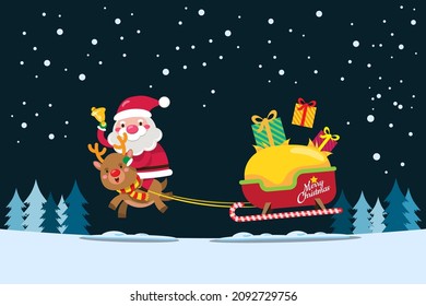 Santa Claus and reindeer drives a sleigh to send Christmas gift to children around the world. Merry Christmas cutout element for Holiday cards, invitations and website celebration decoration