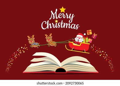 Santa Claus and reindeer drives a sleigh to send Christmas gift to children around the world. Merry Christmas cutout element for Holiday cards, invitations and website celebration decoration