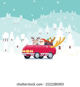 Santa Claus and reindeer driving red car with big deer horn and sack full of present boxes in snowy landscape with mountains and pine trees in flat cartoon style