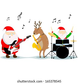 Santa Claus, reindeer, and dwarf play musical instruments