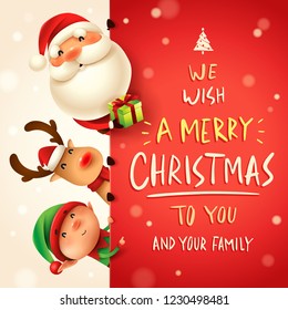 Santa Claus, Reindeer and Elf with big signboard. Merry Christmas calligraphy lettering design. Creative typography for holiday greeting.