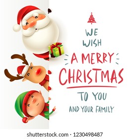 Santa Claus, Reindeer and Elf with big signboard. Merry Christmas calligraphy lettering design. Creative typography for holiday greeting.