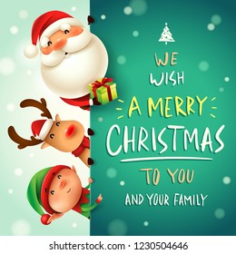 Santa Claus, Reindeer and Elf with big signboard. Merry Christmas calligraphy lettering design. Creative typography for holiday greeting.