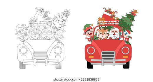 Santa Claus, reindeer, elf with Christmas tree on Christmas truck, Christmas theme line art doodle cartoon illustration, Coloring book for kids, Merry Christmas.