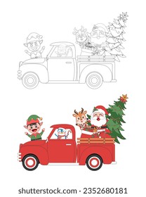 Santa Claus, reindeer, elf with Christmas tree on Christmas truck, Christmas theme line art doodle cartoon illustration, Coloring book for kids, Merry Christmas.