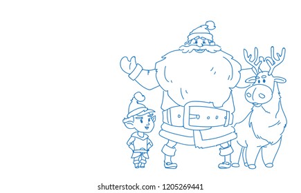 Santa claus reindeer elf happy new year merry christmas concept horizontal full length vector illustration
