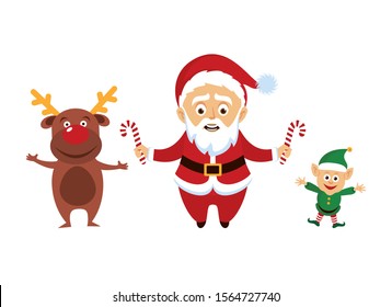 Weihnachtsmann mit Rentier und Elf Symbol-Set Vektor. Weihnachtsmann mit Helfer, Vektor. Der Weihnachtsmann mit einem Bonboncharakter. Cute Santa Holding Bonbons mit Zuckerrohr, Illustration