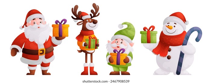 Santa Claus, reindeer, elf and snowman with Christmas gifts are holiday characters in New Years costumes.