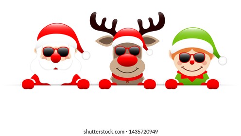 Santa Claus Reindeer And Elf Sunglasses Holding Horizontal Banner