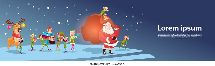 Santa Claus With Reindeer Elfs Gift Sack Happy New Year Merry Christmas Banner Flat Vector Illustration