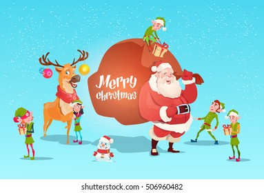 Santa Claus With Reindeer Elfs Gift Sack Happy New Year Merry Christmas Banner Flat Vector Illustration