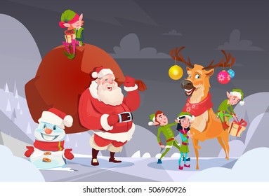 Santa Claus With Reindeer Elfs Gift Sack Happy New Year Merry Christmas Banner Flat Vector Illustration
