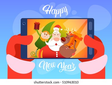 Santa Claus With Reindeer Elfs Making Selfie Photo, New Year Christmas Holiday Greeting Card Flat Vector Illustration